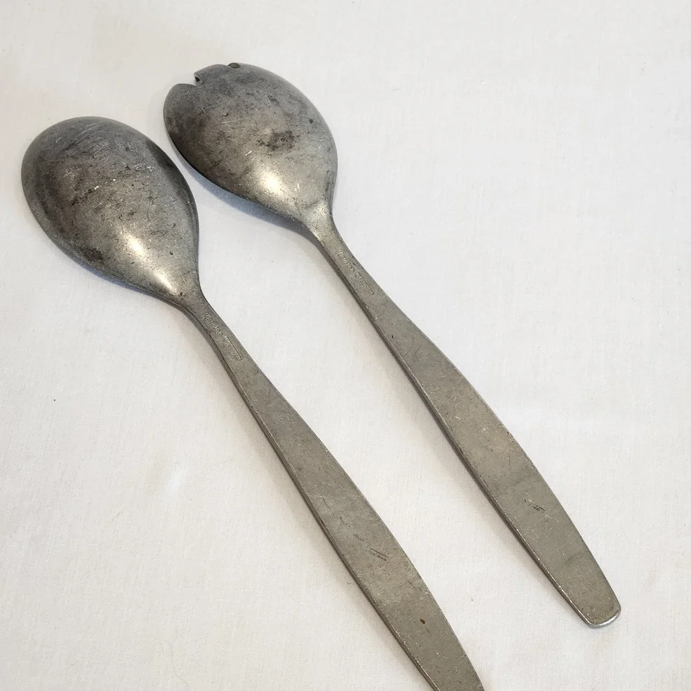 VTG TH‎ Marthinsen Norway Salad Servers Spoon Spork Pewter Norwegian Leaf Design